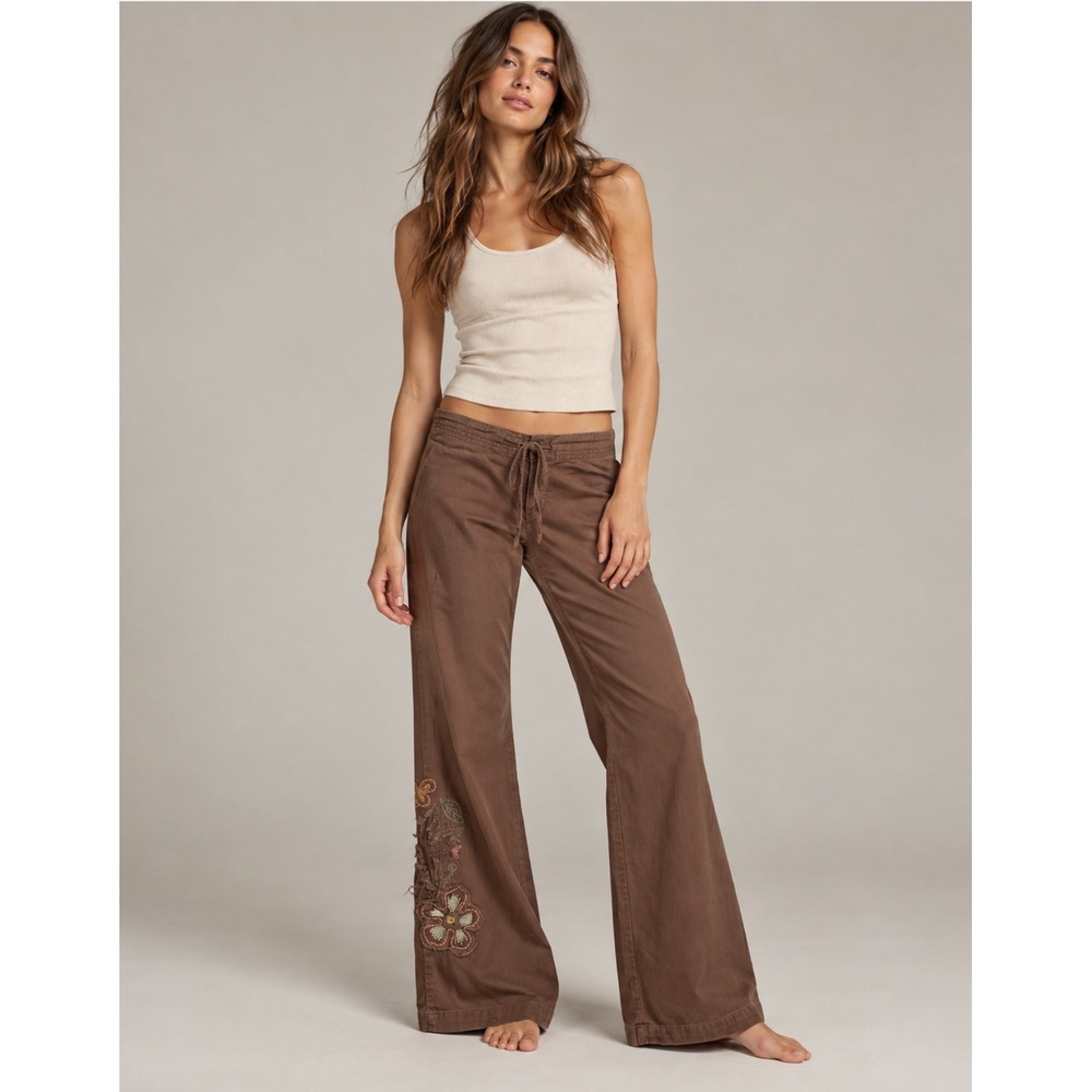Vtg Prana Embroidered Flower Pants L Brown Floral Wide Leg Boho Y2K Hippie RARE